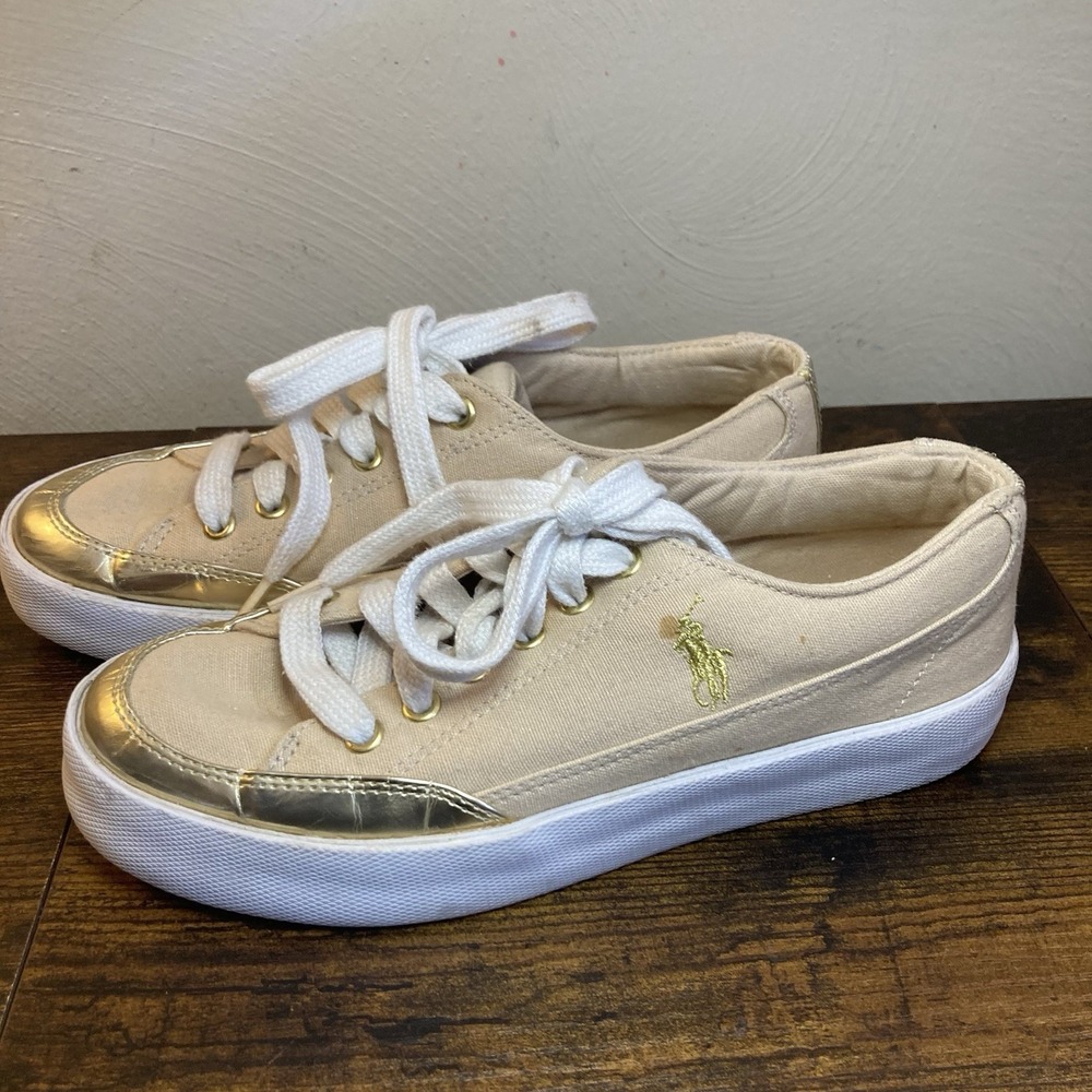 Polo Ralph Lauren Women's Size 7 Canvas Sneakers Gold Toe Cap Low Top
